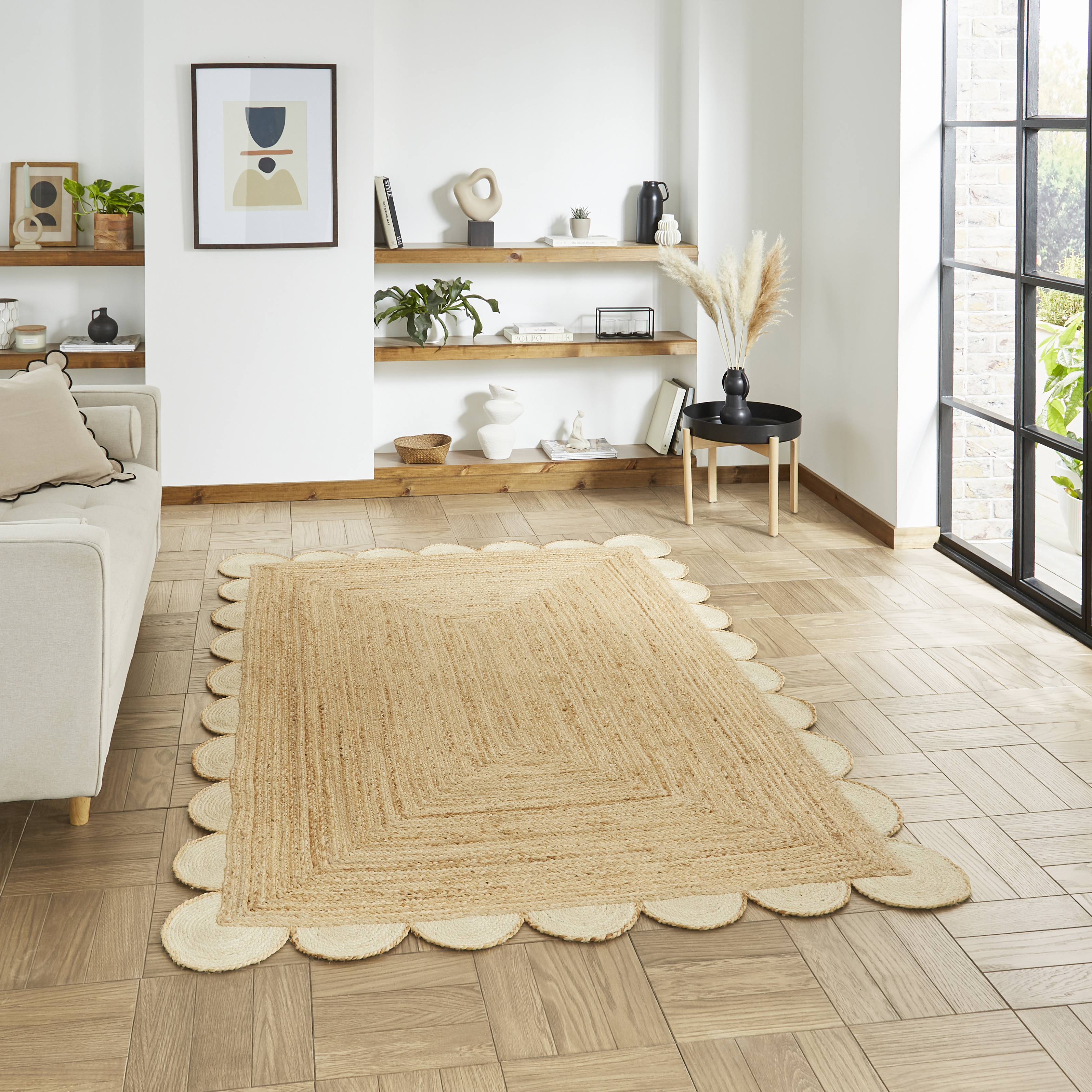 Savannah Jute Scallop Plain Flat Weave Rugs In Natural